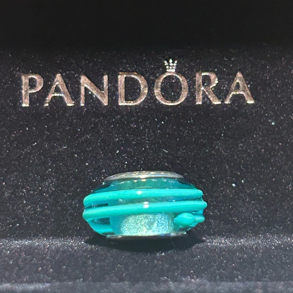 PANDORA Murano Glass Bead - Clear with teal ribbon (SS) (Retired) - Picture 2 of 4